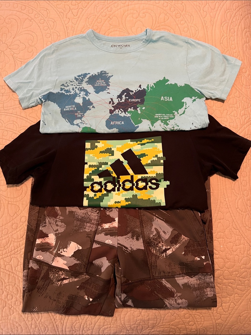 Crewcuts Light Blue World Map Tee, Adidas Tee, Athletic fleece lined pants.